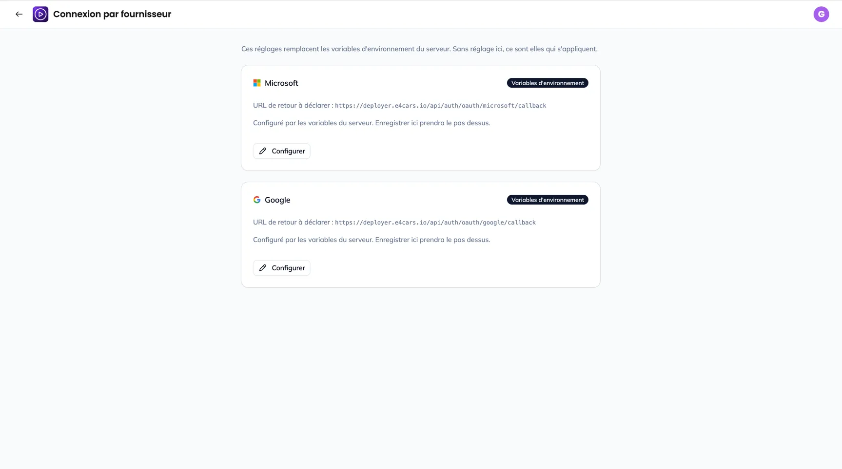 L'écran Connexion par fournisseur : une carte Microsoft configurée ici, une carte Google configurée par les variables d'environnement