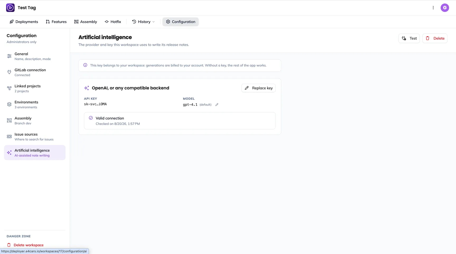 The Artificial intelligence section: the provider, the key preview, the model, and the Valid connection state