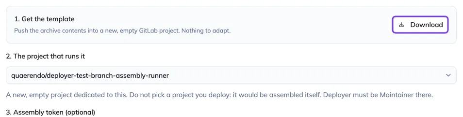 The orchestrator project selector and the template download button