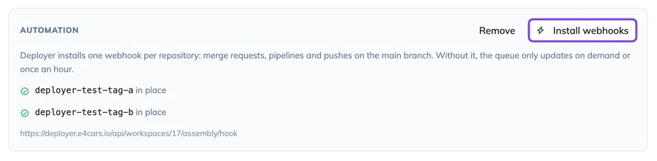 The webhook state project by project and the install button