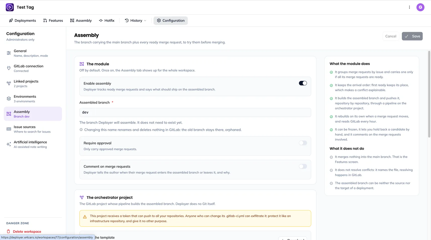 The Assembly section of the configuration: enabling, the branch name, the orchestrator project, the token, the webhooks