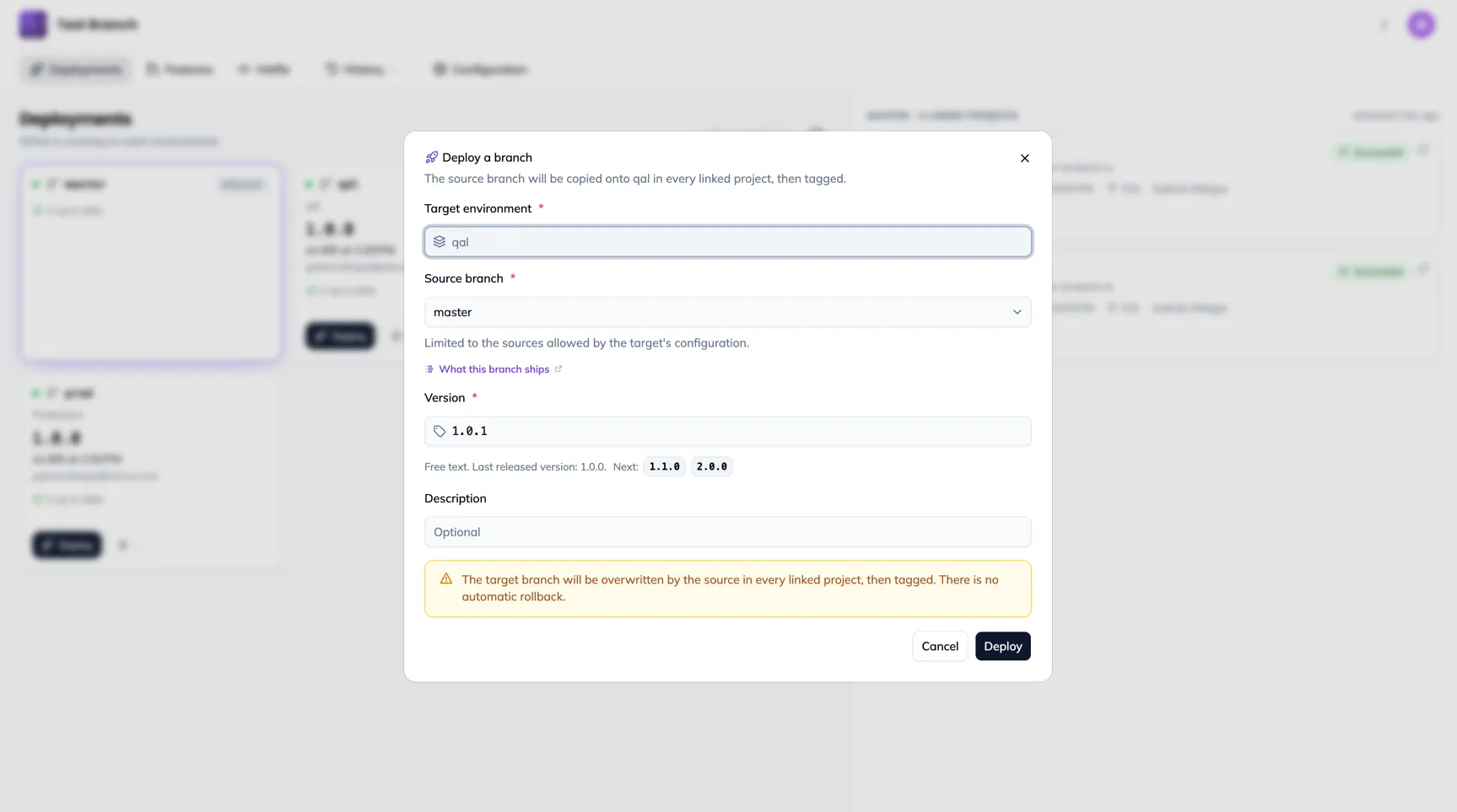 The Deploy a branch dialog: target environment, source branch, version, description