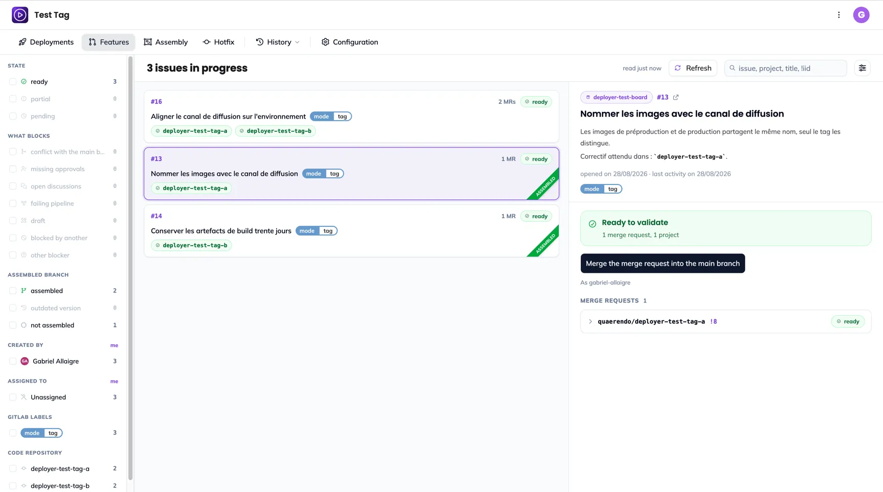 The panel of an issue: the board and the title, the description, the verdict, the merge button, then the merge requests per project