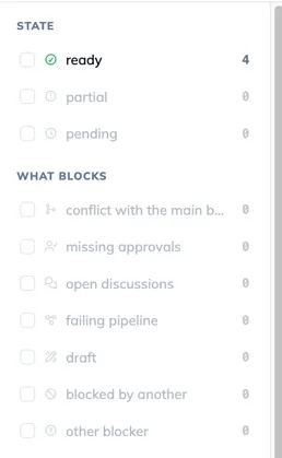 The facet rail: Boards, State, What blocks, Created by, Assigned to, GitLab labels, Code repository