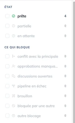 Le rail des facettes : Boards, État, Ce qui bloque, Créateur, Assignés, Labels GitLab, Dépôt de code