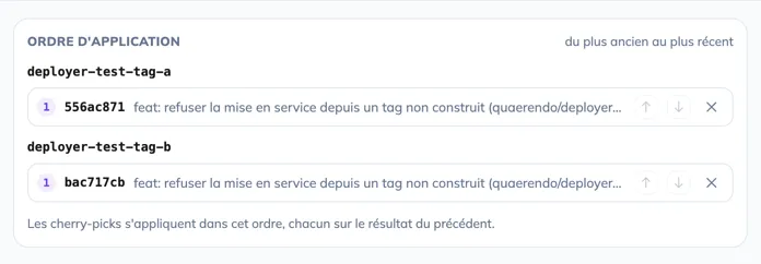 La liste des commits retenus avec leur rang d'application