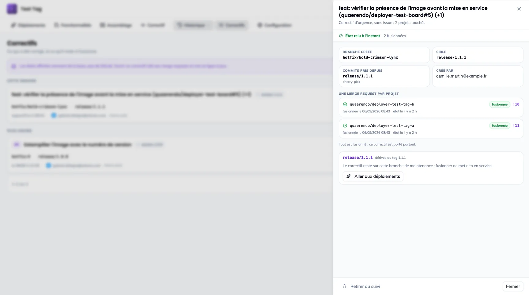 Le panneau de suivi d'un correctif : les projets avec leur merge request, leur état, et le bouton Fusionner