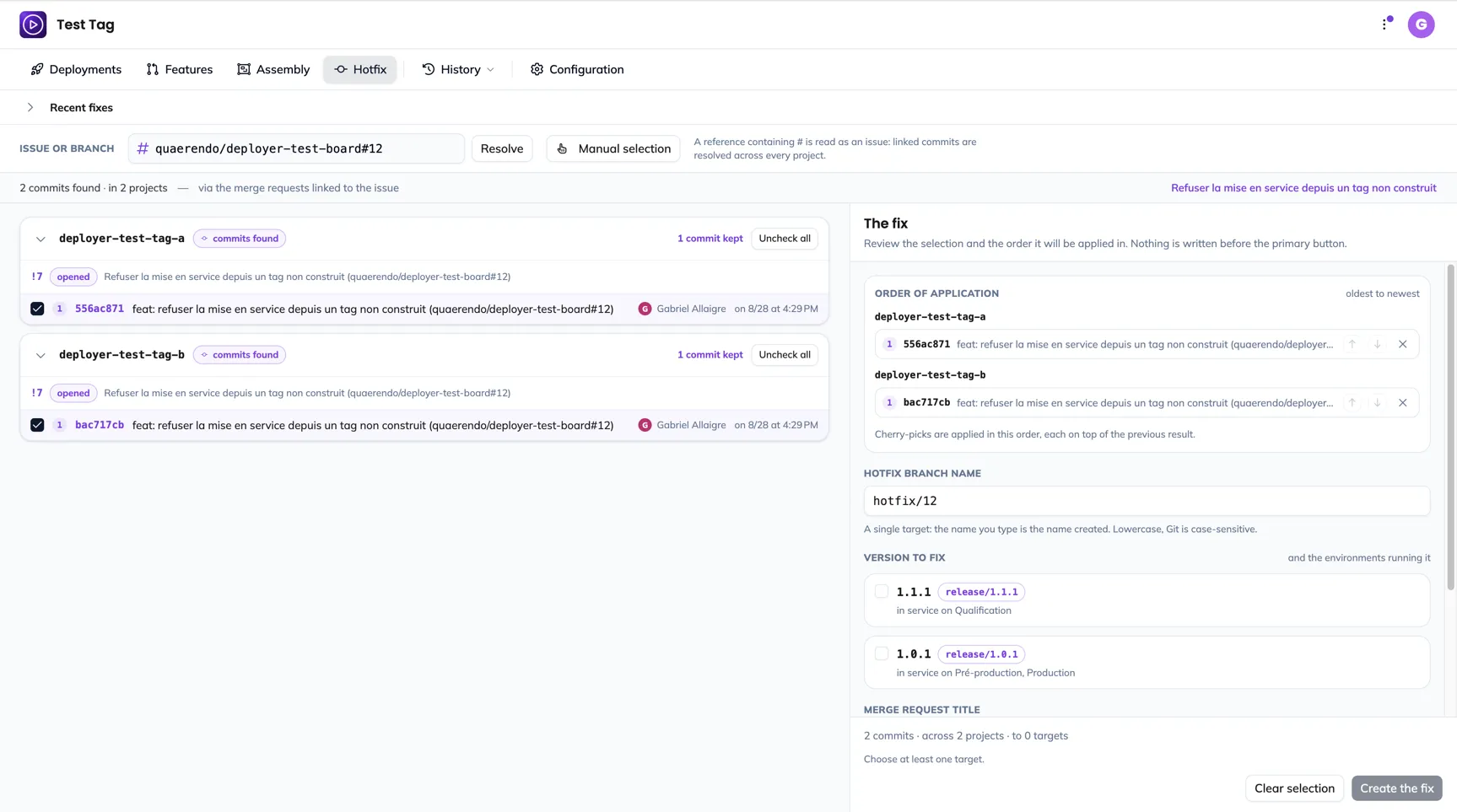 The Hotfix screen: the Issue or branch field at the top, the commits found per project on the left, the fix panel on the right