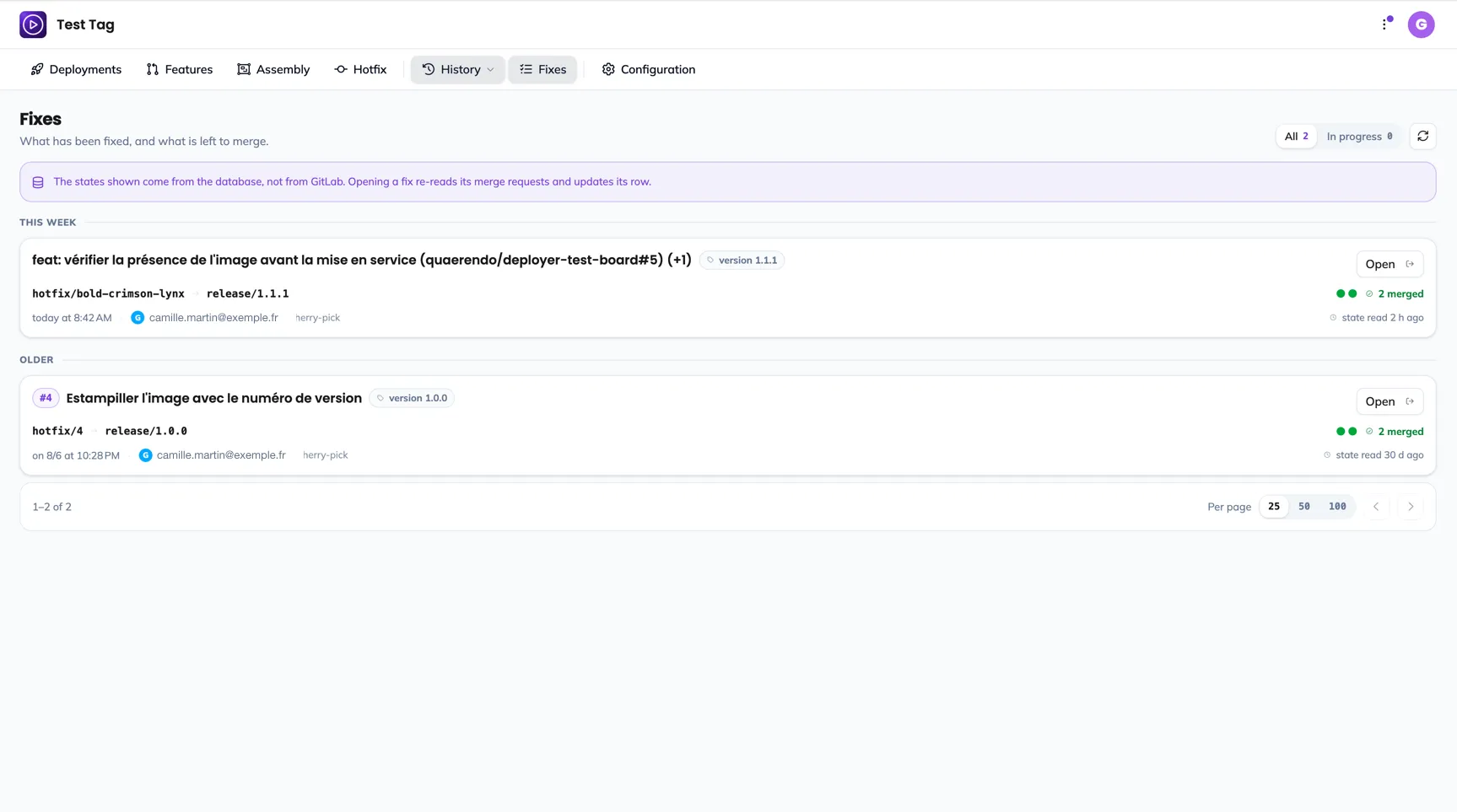 The Fixes screen: the paginated list, each row with its title, its branch, its target and the progress of its merge requests