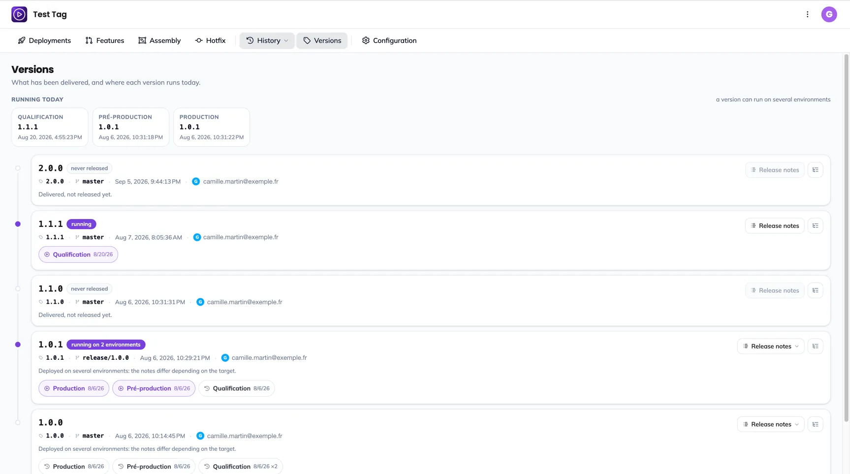 The Versions screen in tag mode: the Running today banner, then the list of versions with their environment chips