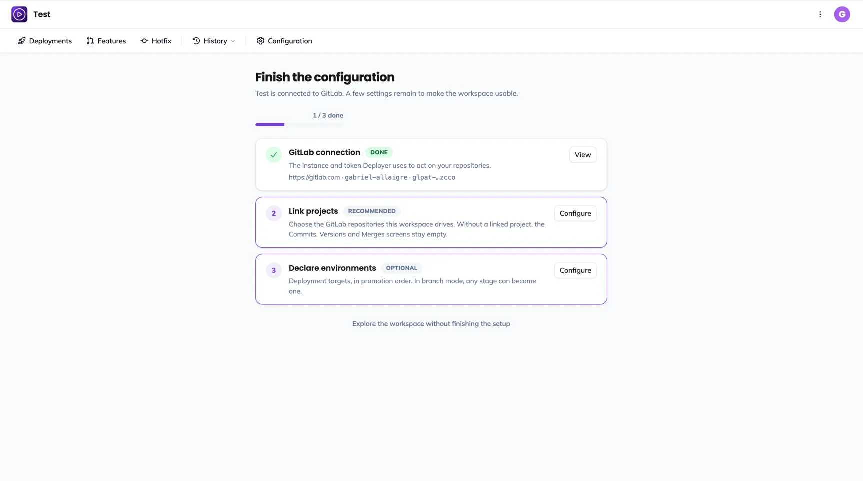The welcome checklist, with the three items GitLab connection, Link projects, Declare environments