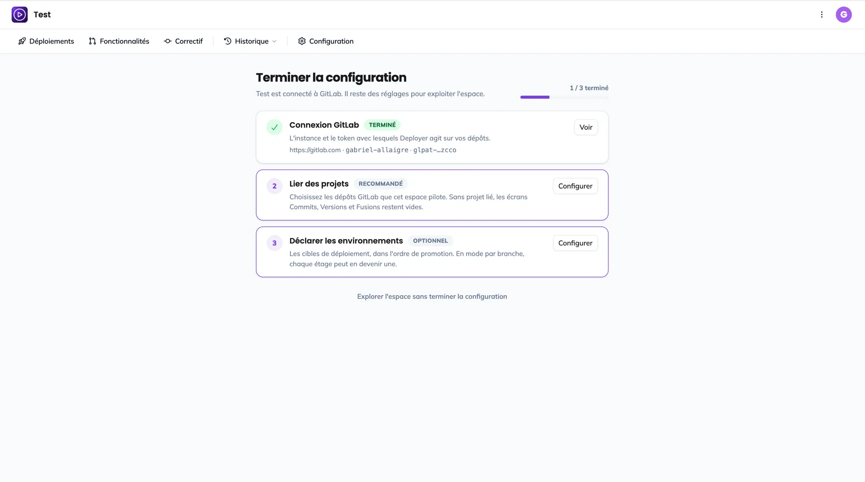 La checklist d'accueil, avec les trois items Connexion GitLab, Lier des projets, Déclarer les environnements