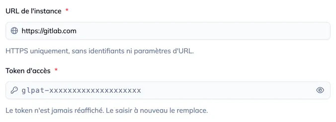 Les champs URL de l'instance et Token d'accès