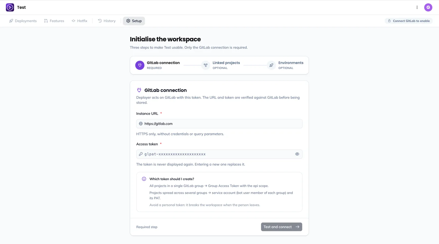 The Initialise the workspace wizard, on the GitLab connection step, with the Which token should I create? help on the right