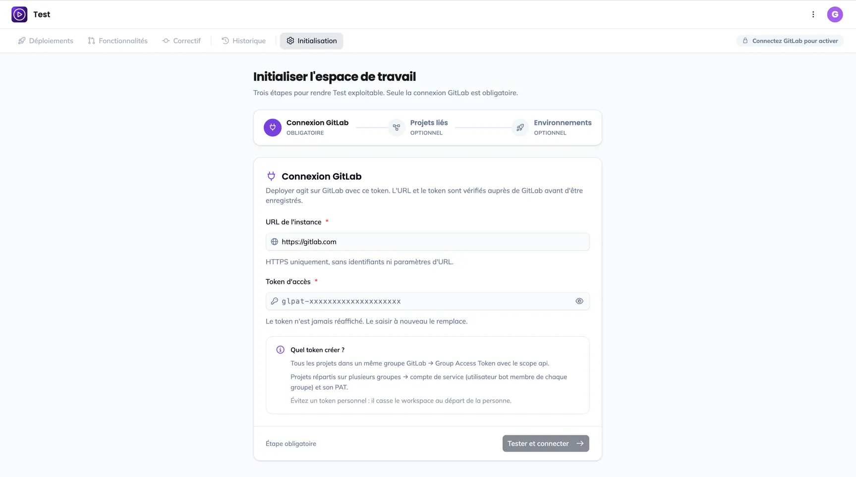 L'assistant Initialiser l'espace de travail, à l'étape Connexion GitLab, avec l'aide Quel token créer ? à droite