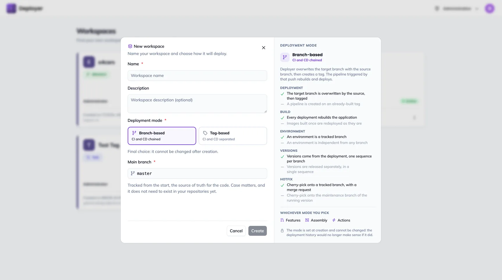 The New workspace dialog: the form on the left, the deployment mode explanation on the right