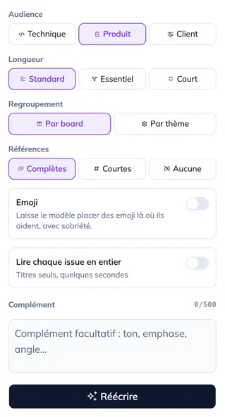 La ligne des réglages : Audience, Longueur, Regroupement, Références, le complément libre, et le bouton Réécrire