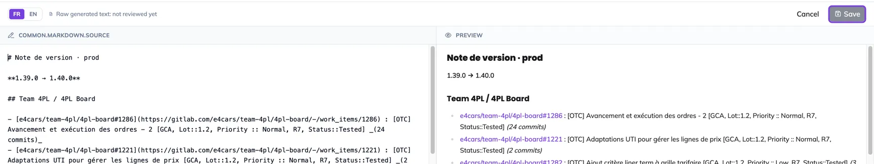 The markdown editor with its preview, and the Save and Cancel buttons